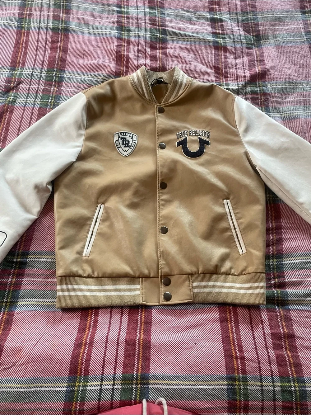 True Religion Tan and White Varsity Jacket